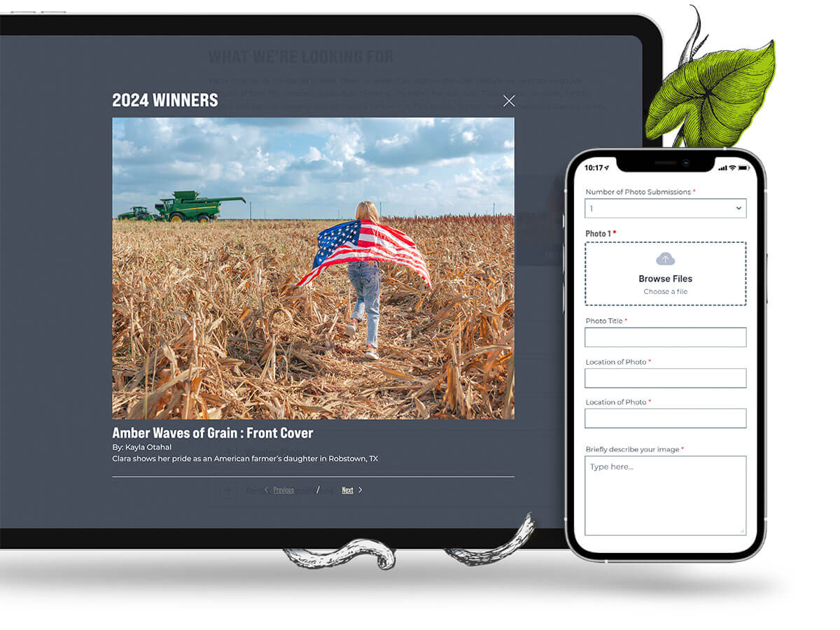 Tablet showing the full size photo contest gallery, and a phone showcasing the photo contest's easy submission form.